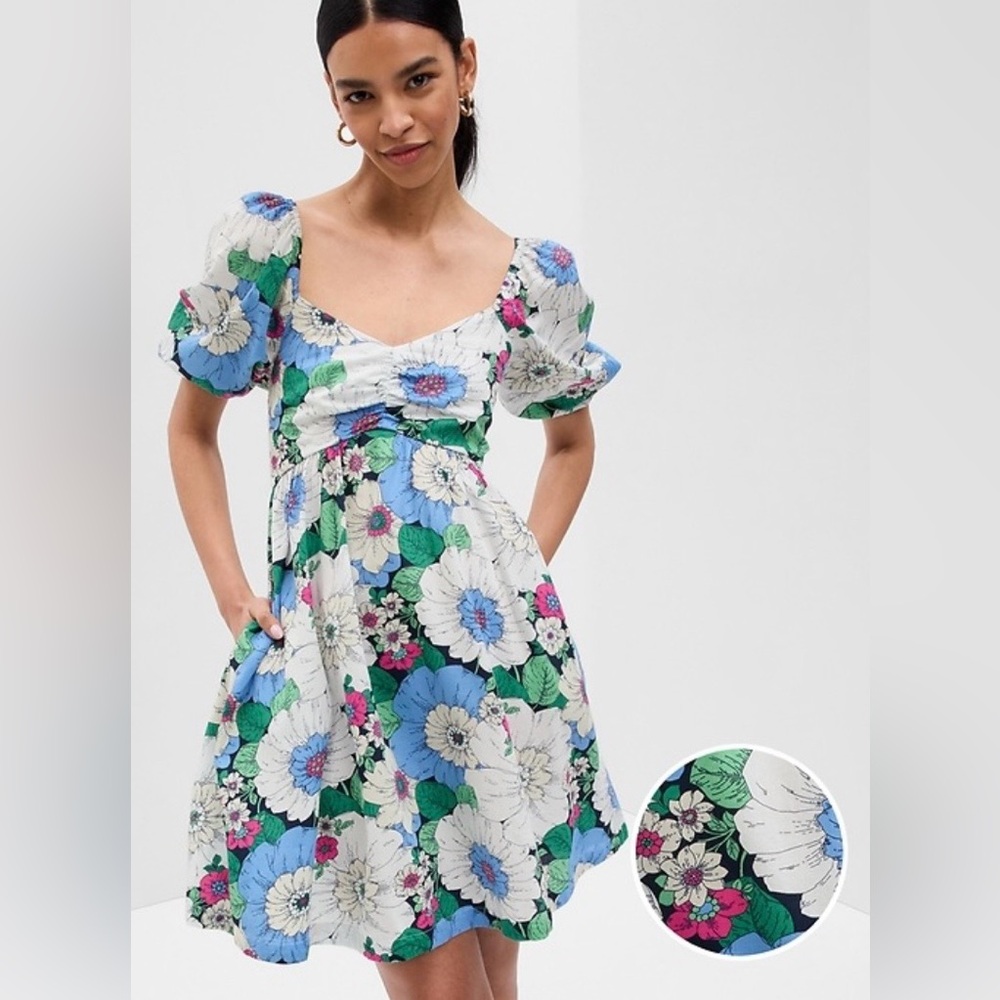 GAP | White Blue Pink Green Floral Smocked Puff Sleeve Dress